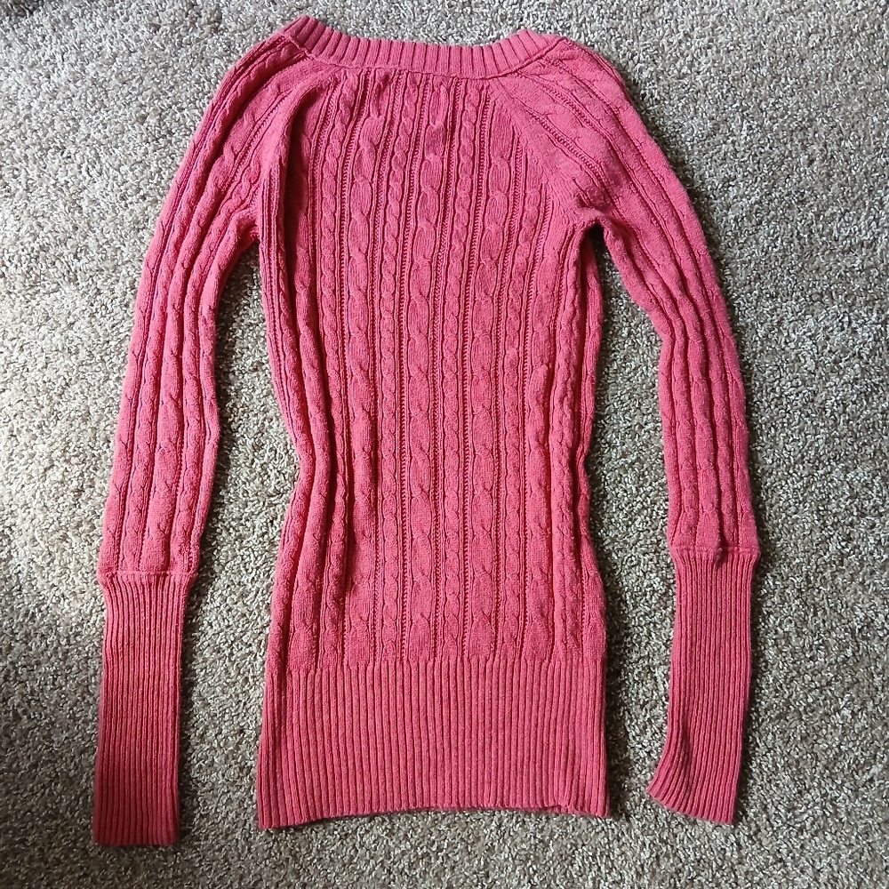 Y2K American Eagle Pink Cable Knit V Neck Sweater - Picture 3 of 7
